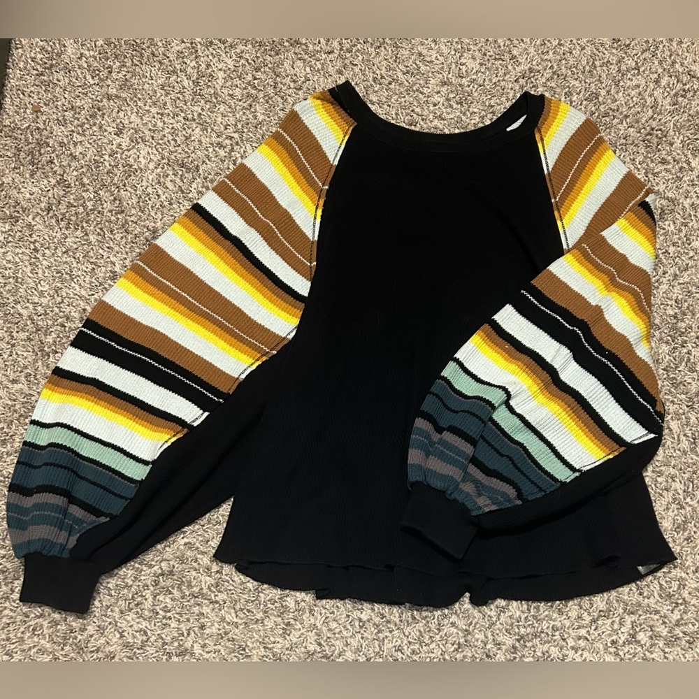 We The Free Black thermal shirt with Multicolor Striped Sleeves